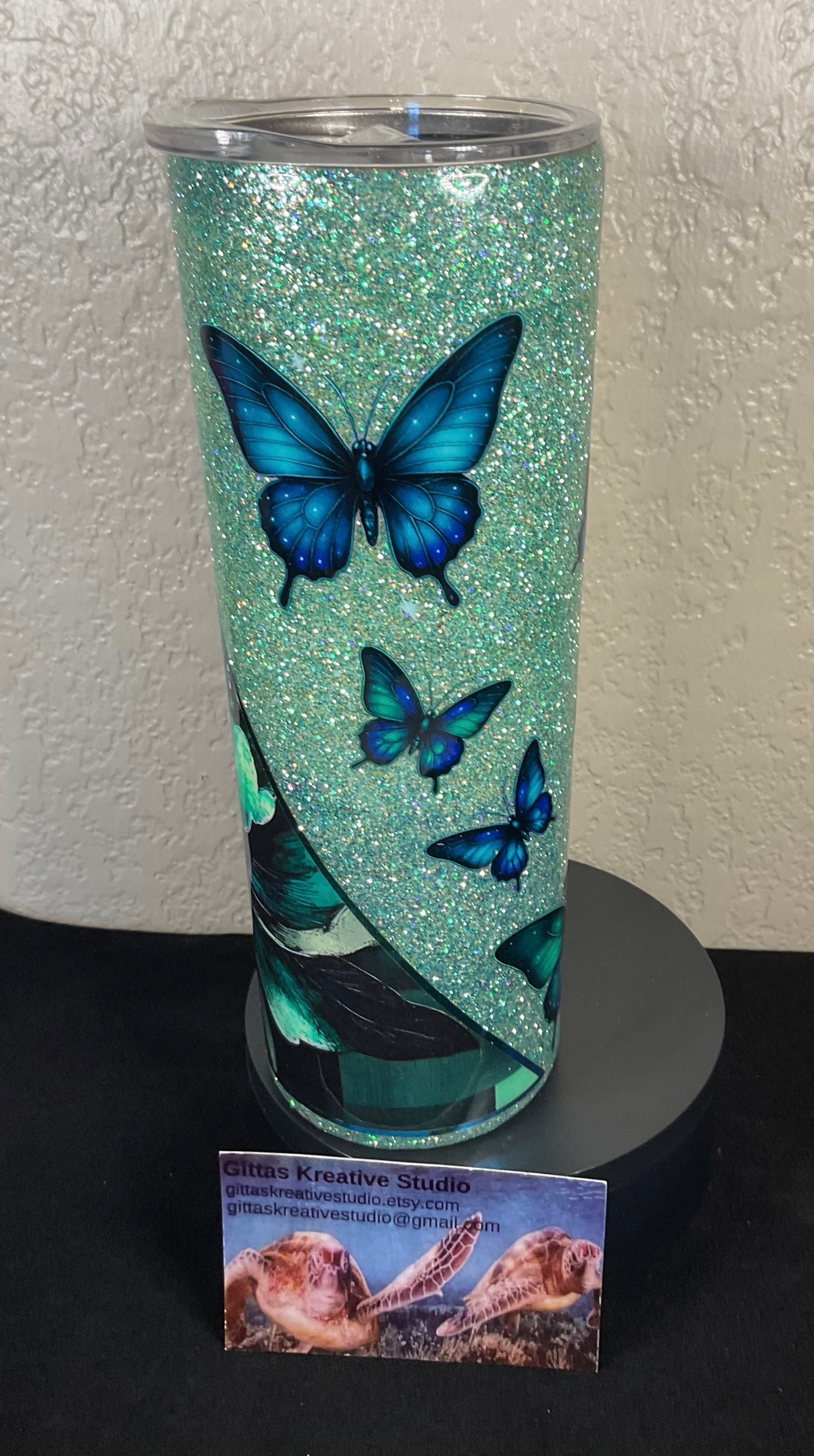 10. 20oz Green and Blue Butterfly Tumbler