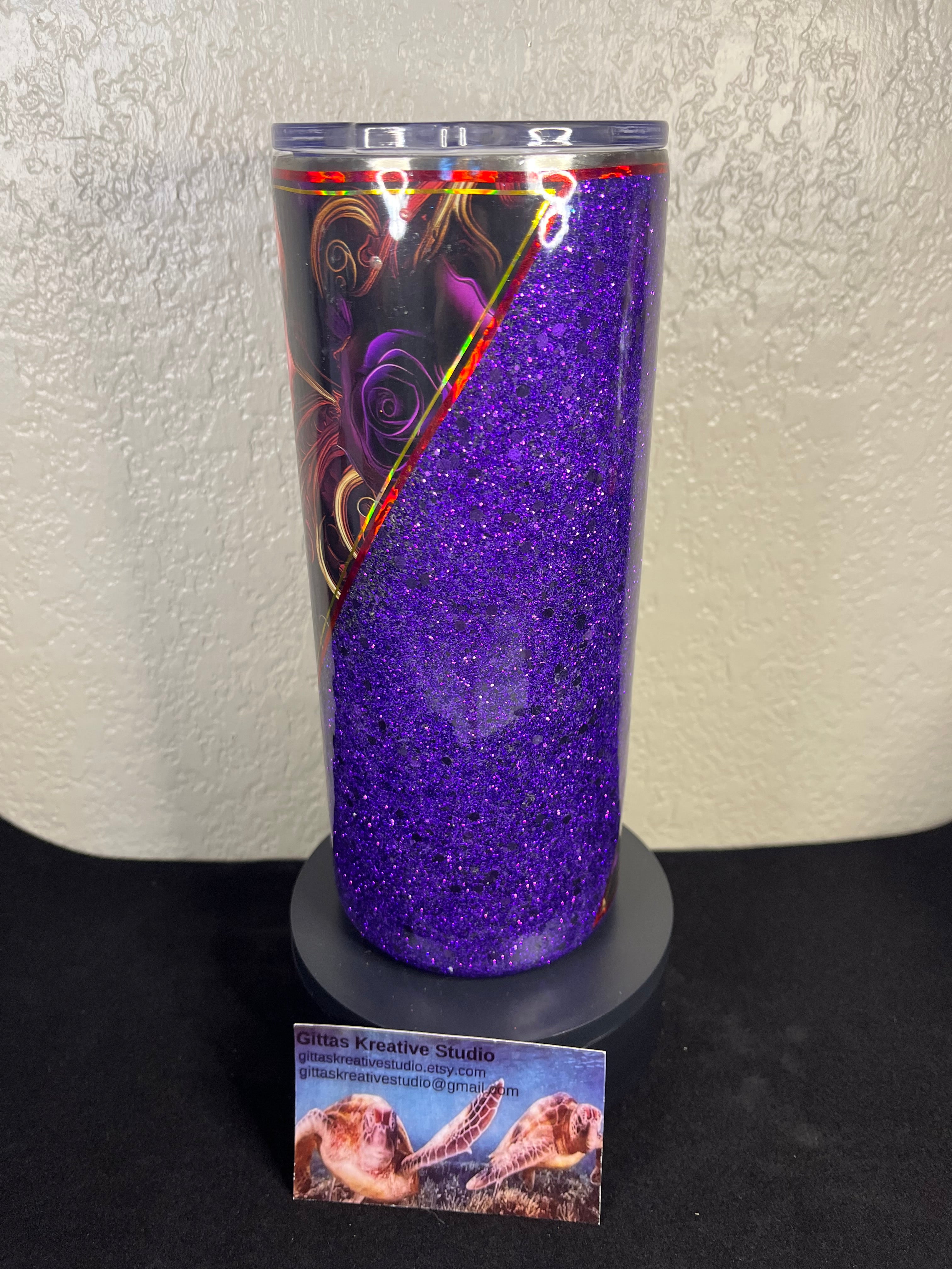 26. 22oz Gothic Rose and Purple Glitter Tumbler