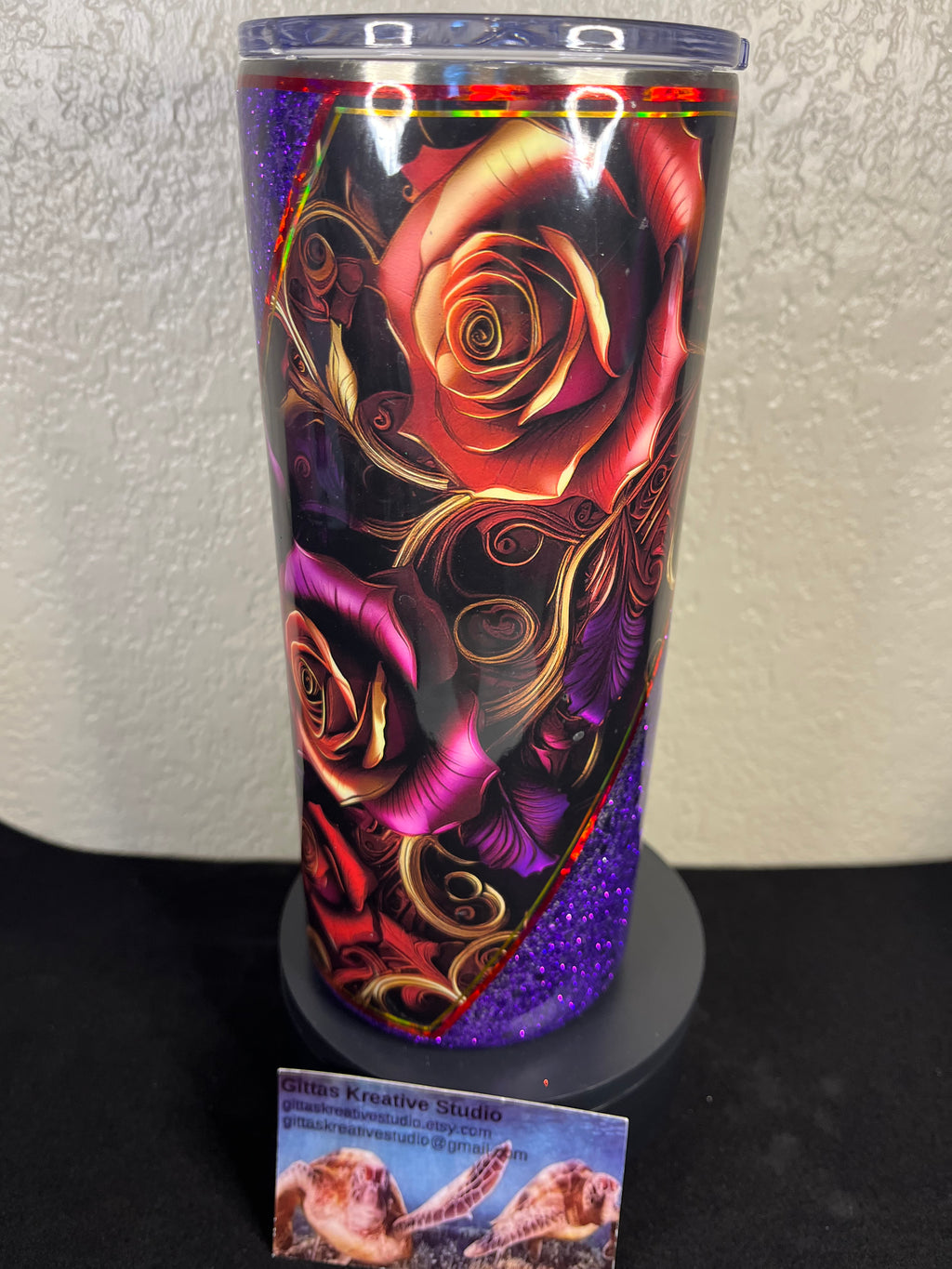 26. 22oz Gothic Rose and Purple Glitter Tumbler