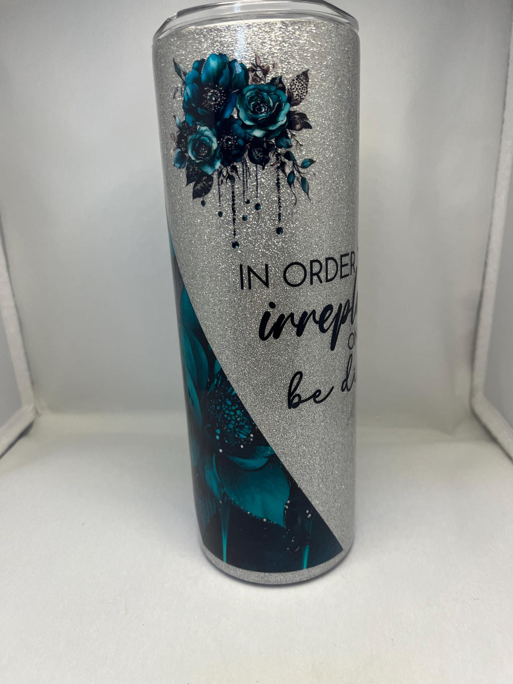 20. 20oz   Silver Glitter with Blue Flowers Tumbler