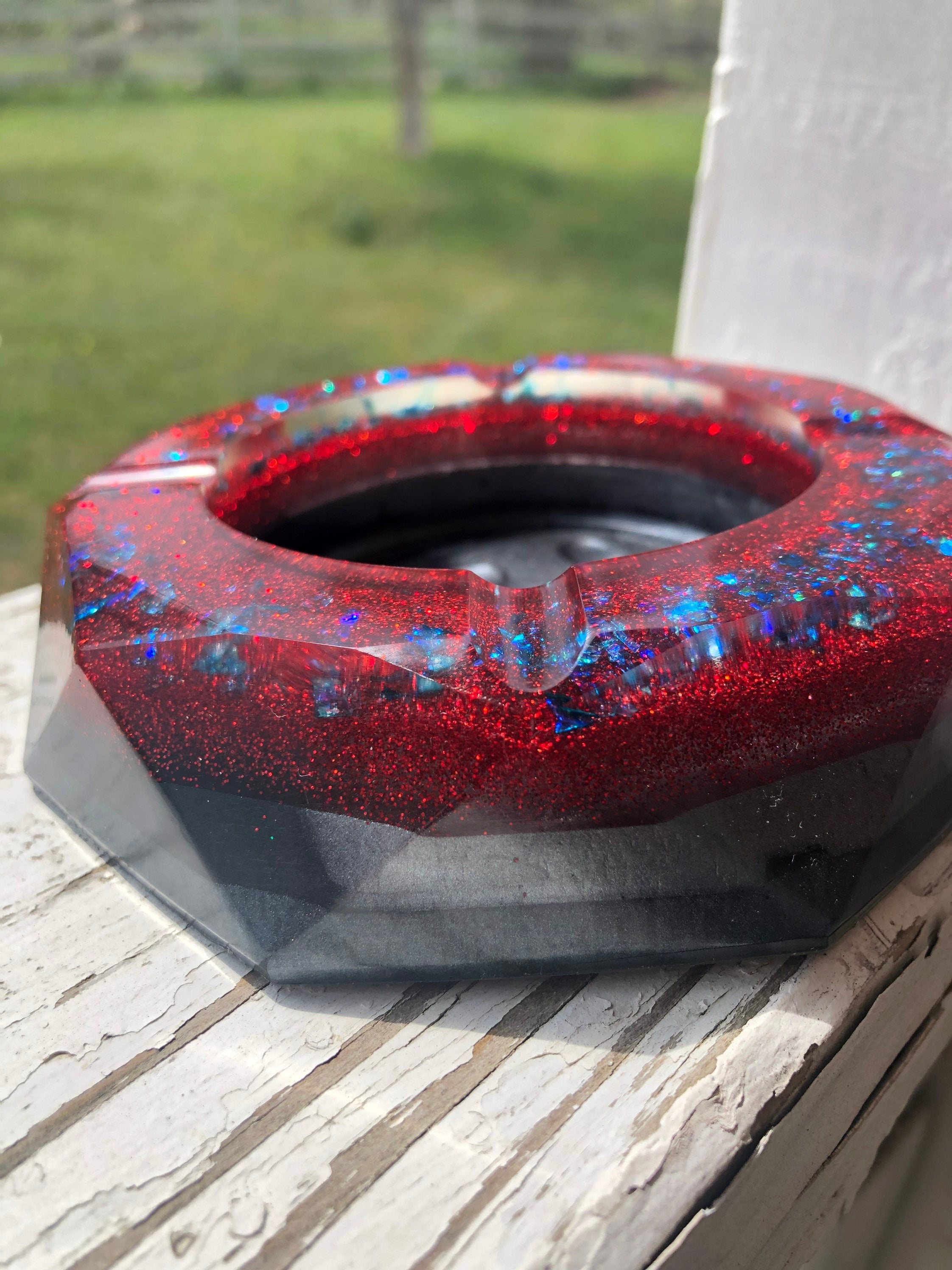 Red Ashtray with grey base and blue sparkle