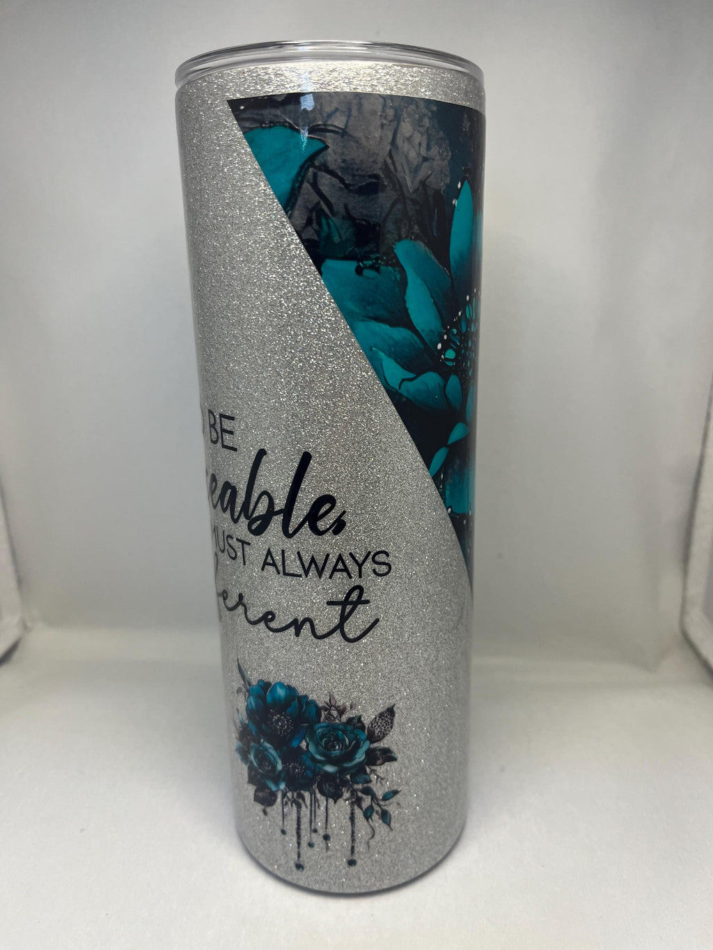 20. 20oz   Silver Glitter with Blue Flowers Tumbler