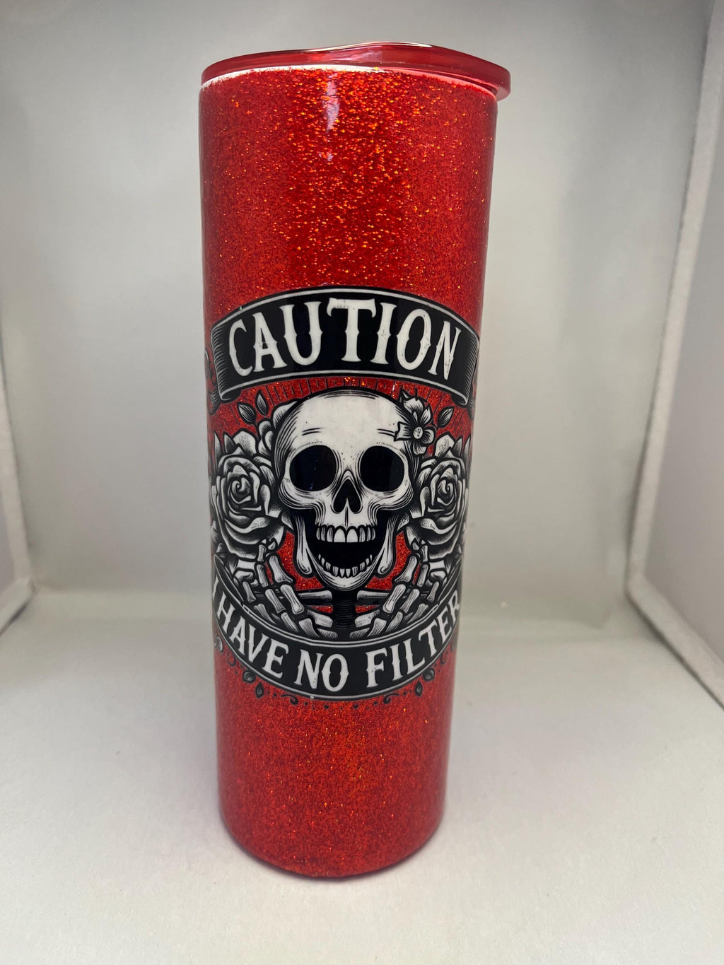 9. 20oz   Red Glitter Tumbler with Skull and Sarcasm Saying