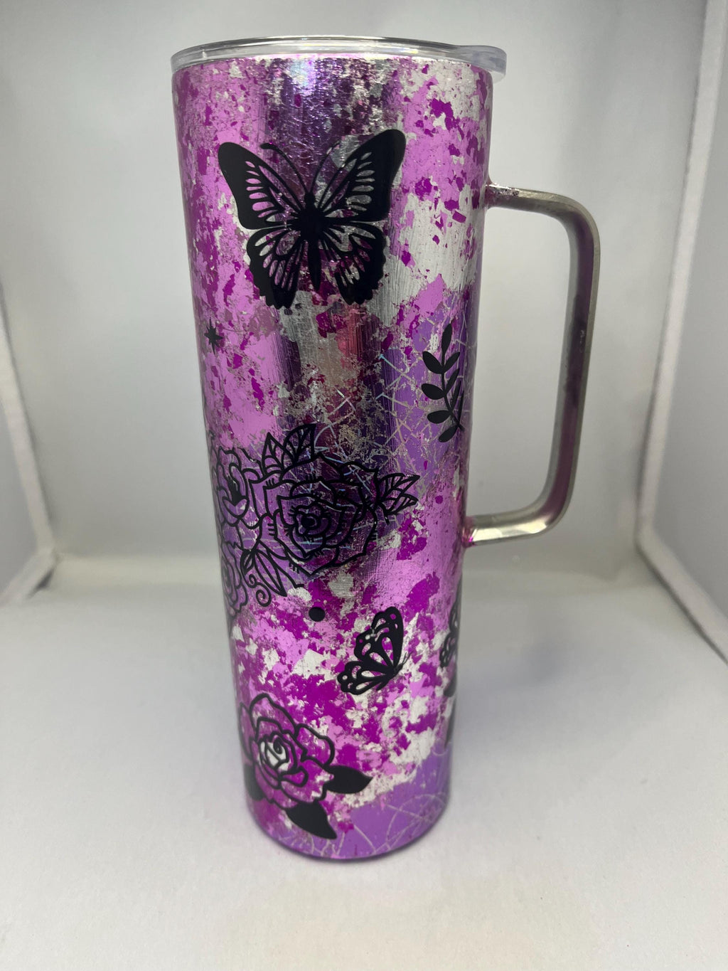 27. 20oz   Butterfly and Roses Tapered Tumbler with Handle