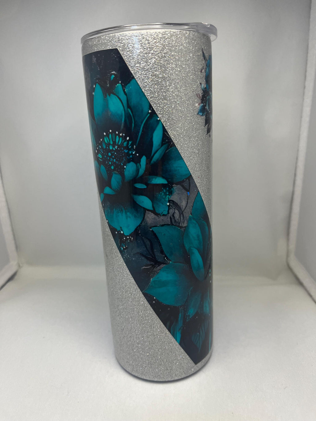 20. 20oz   Silver Glitter with Blue Flowers Tumbler