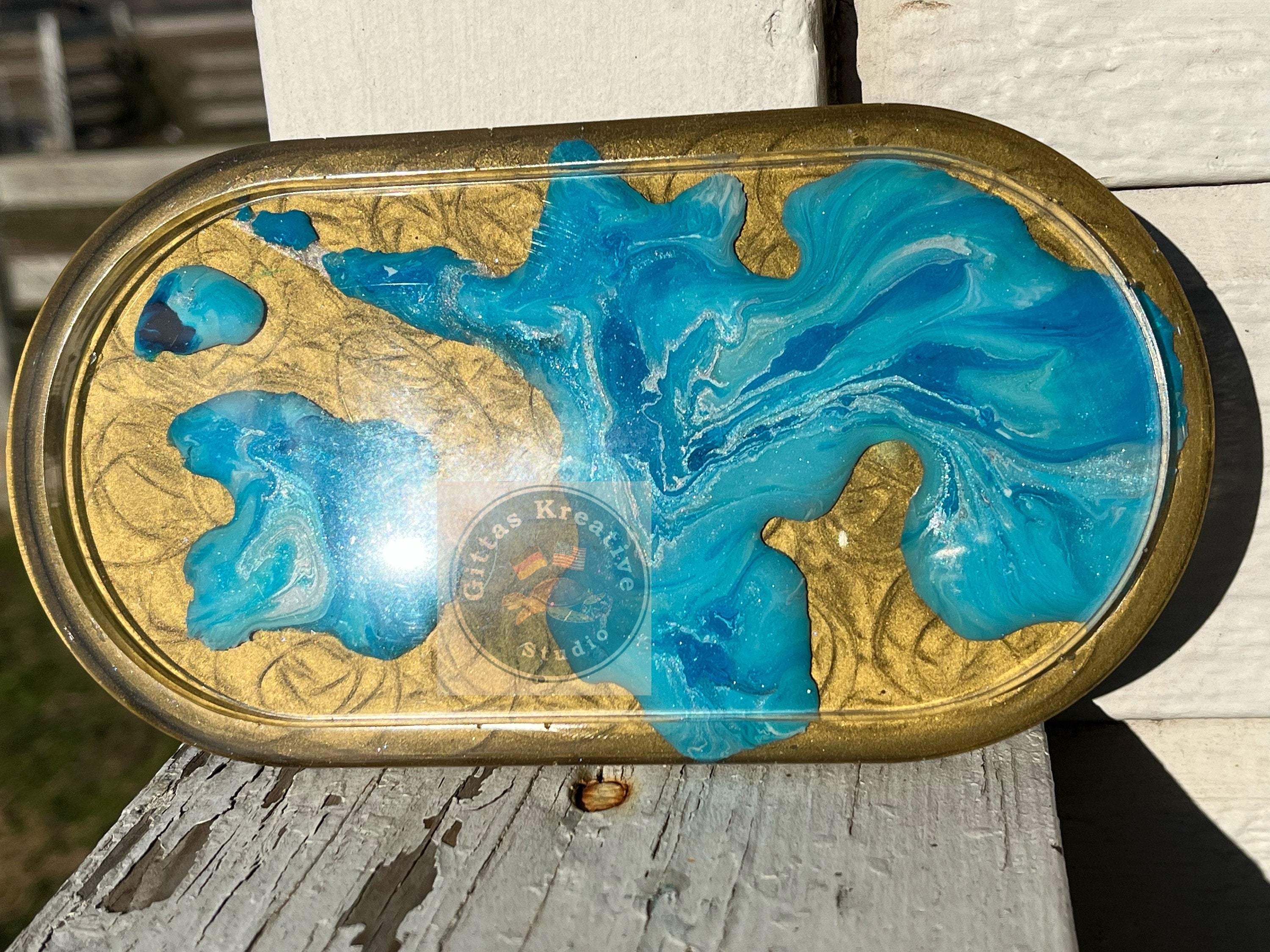 Gold and blue  resin oval tray or trinket dish