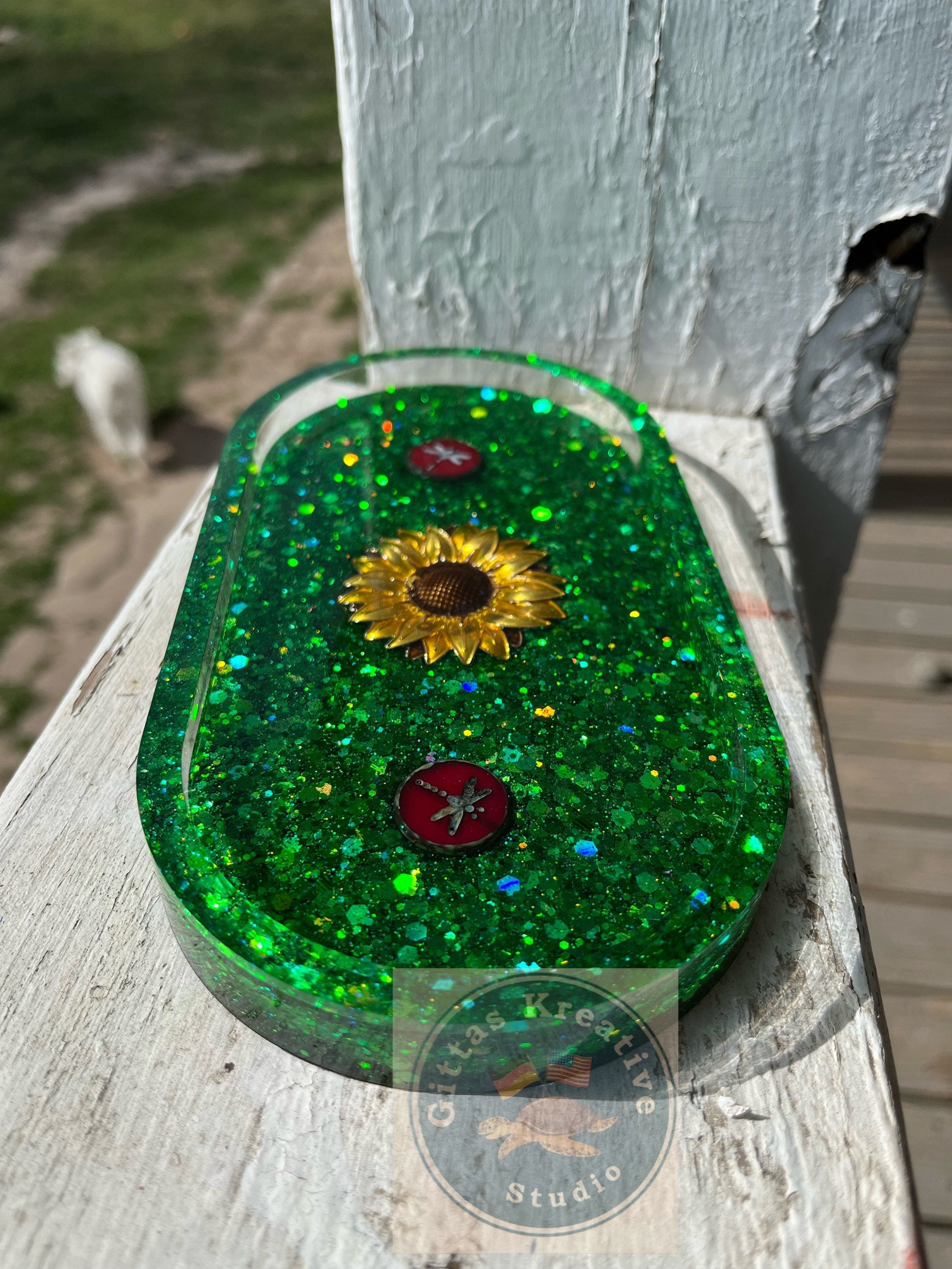Sunflower and Dragonflies resin oval tray or trinket dish