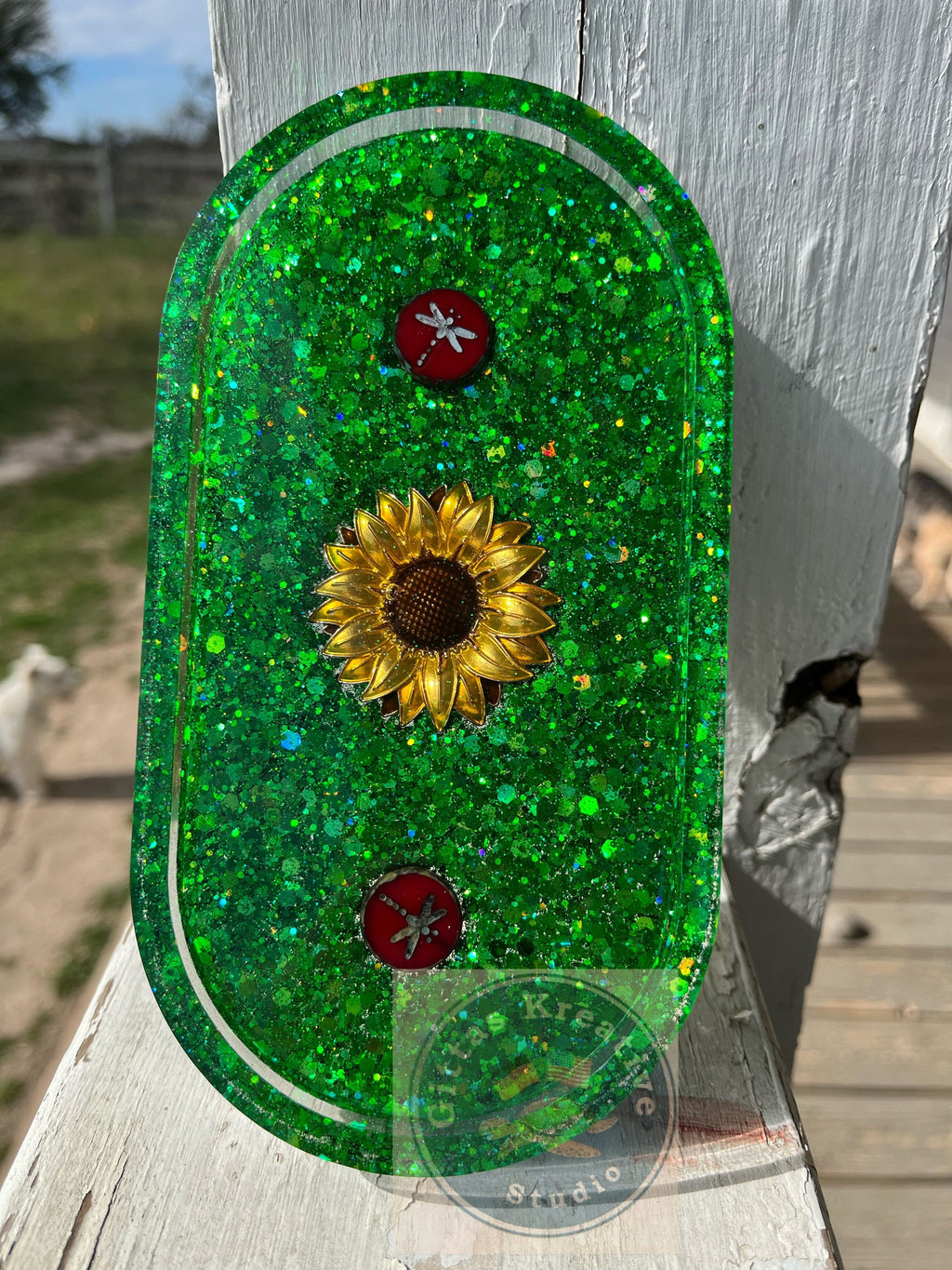 Sunflower and Dragonflies resin oval tray or trinket dish