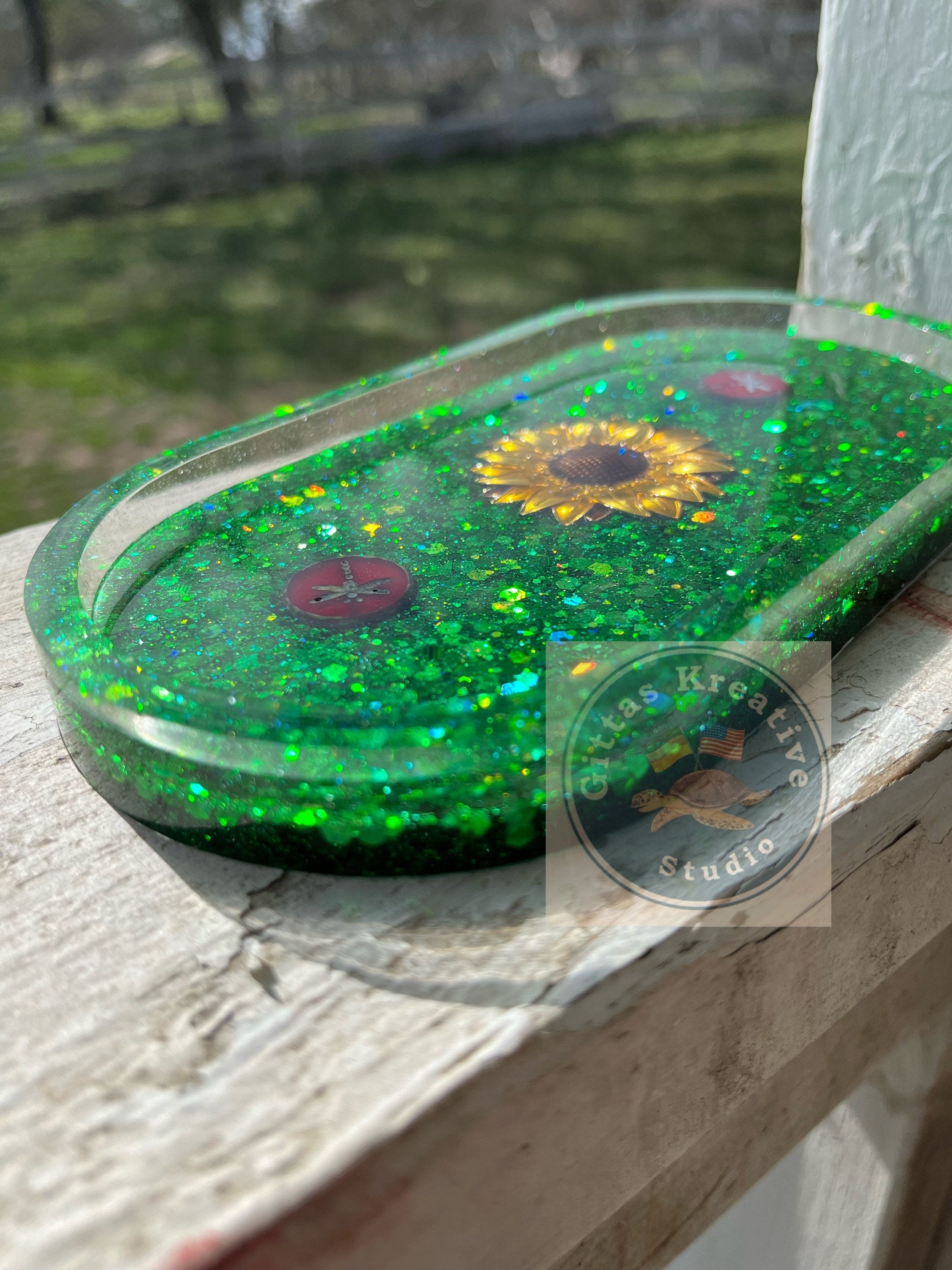 Sunflower and Dragonflies resin oval tray or trinket dish