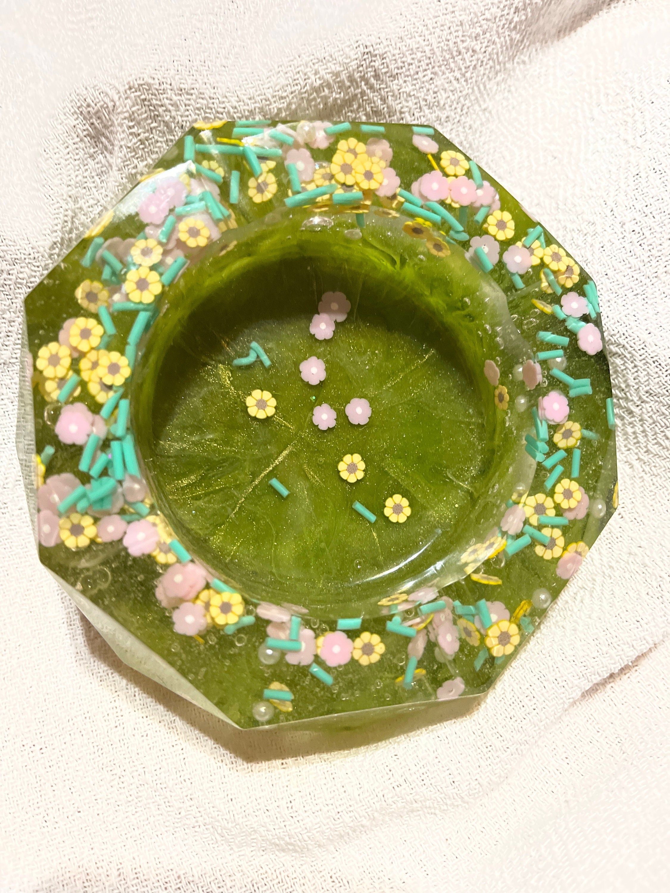 Custom Green and Gold  Ashtray with Sunflower Sprinkles , Trinket Dish, Change Dish.