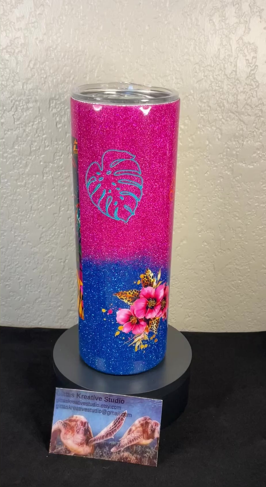 7. 20oz Pink and Blue Glitter Tumbler with Monstera Leaf