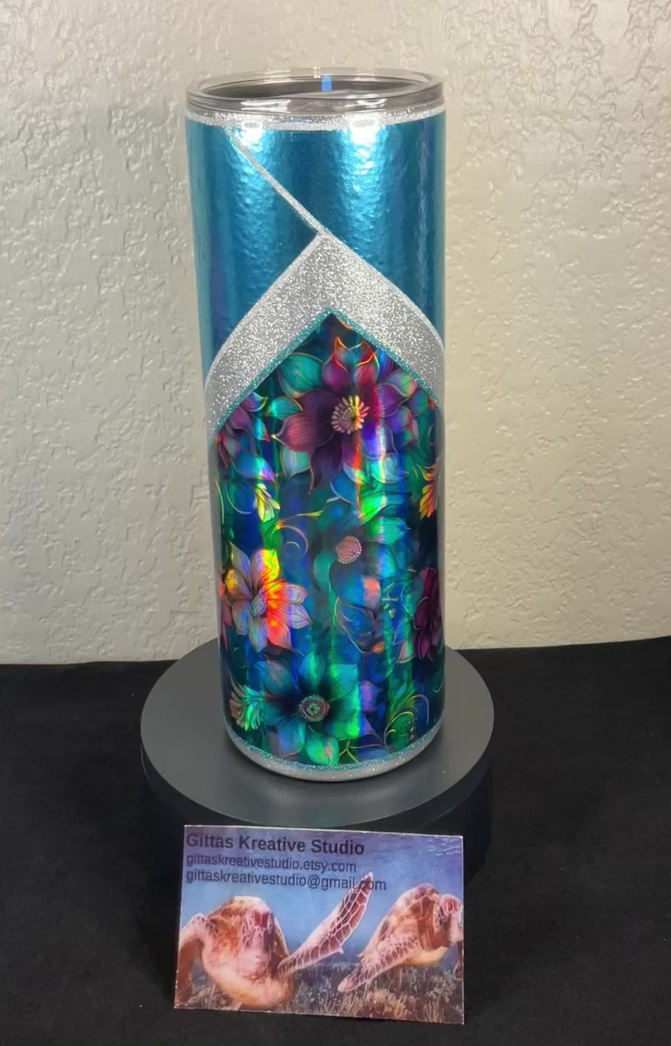 11. 20oz Blue Foil Tumbler with Holographic Flowers