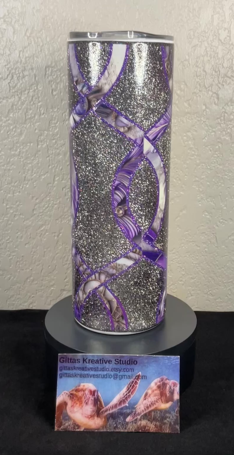 18. 20oz Silver Glitter Tumbler with Vinyl Striping