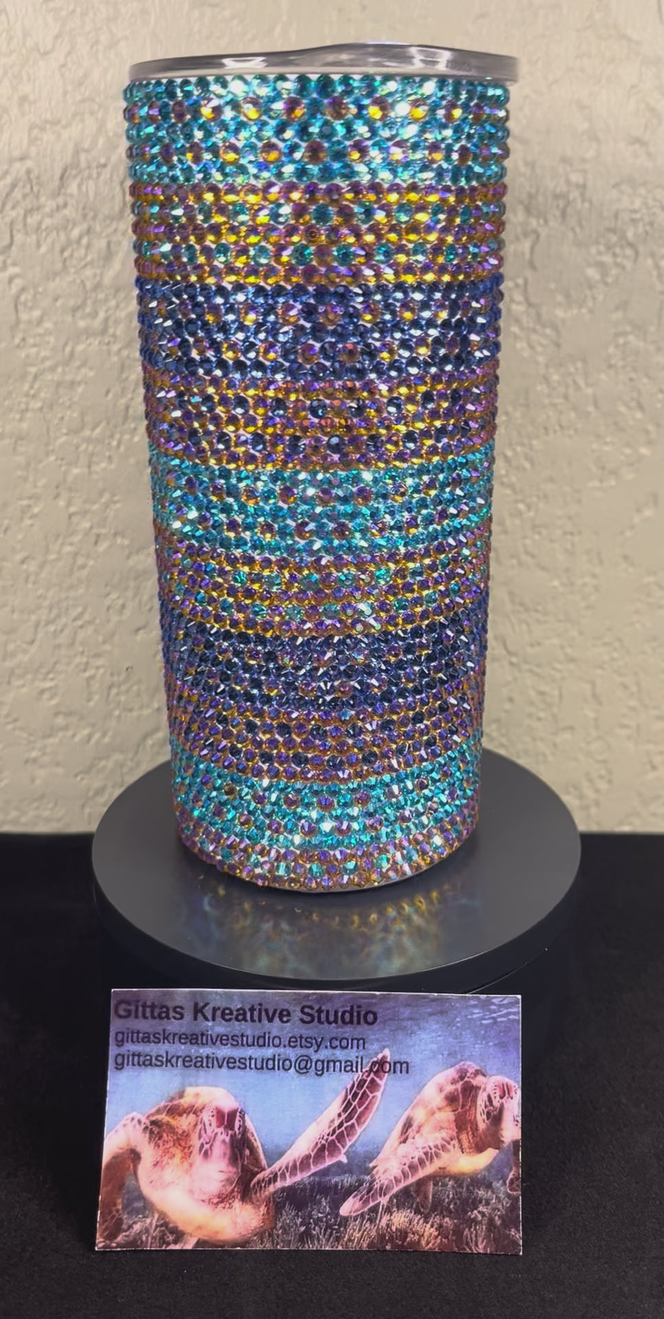 15oz  Blue,Gold and Turquoise Glass Rhinestone Tumbler