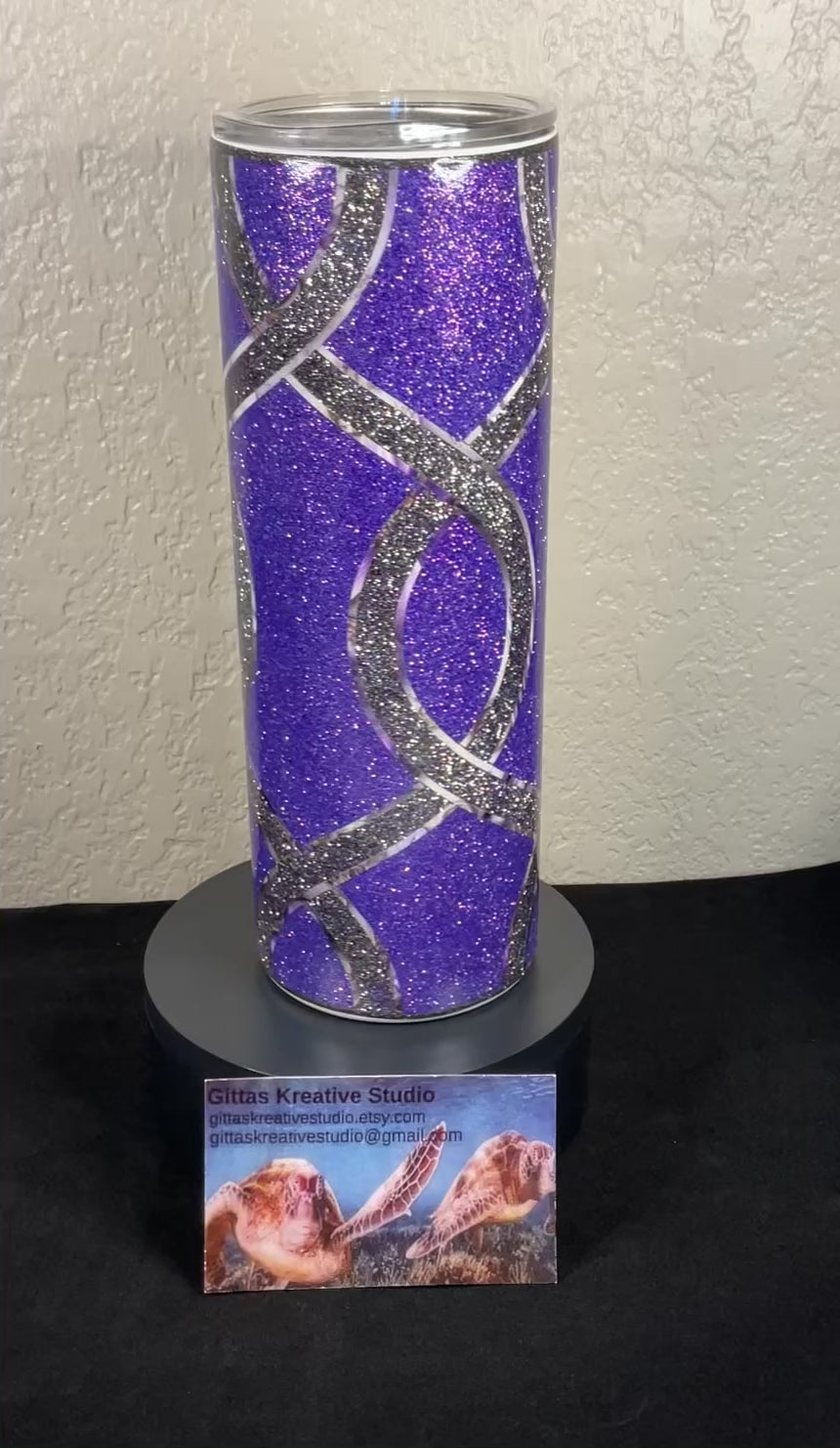 19. 20oz Purple Glitter Tumbler with Grey Glitter Stripes