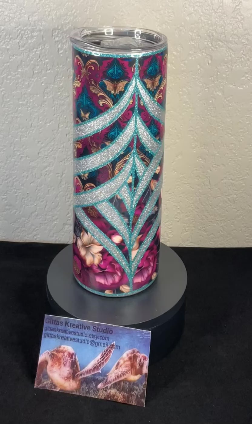 14. 20oz Damask Bloom with Silver Glitter Tumbler